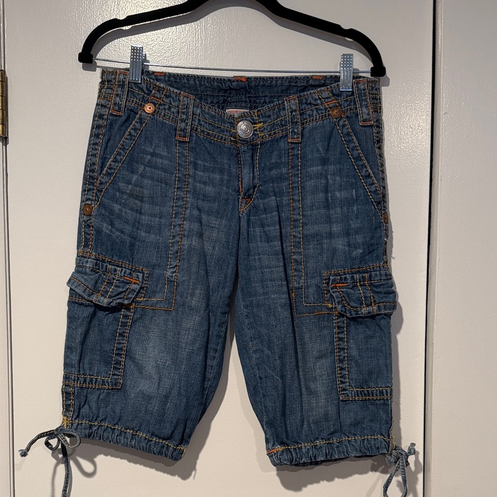 True Religion Blue Cargo Jean Shorts with Orange and Yellow Stitching